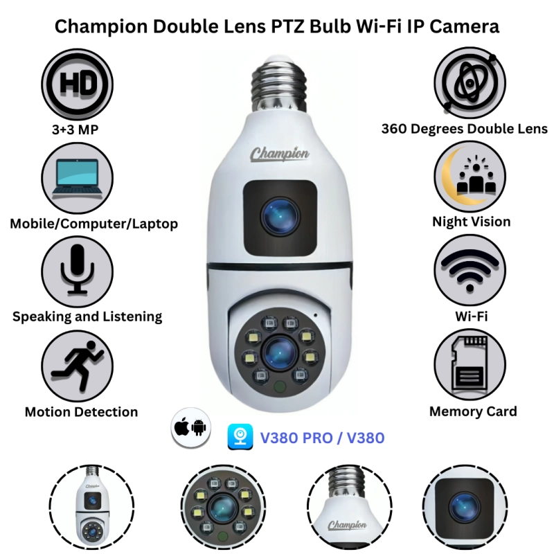 Champion Bulb Ptz Dual Lens Wi-Fi IP Camera.