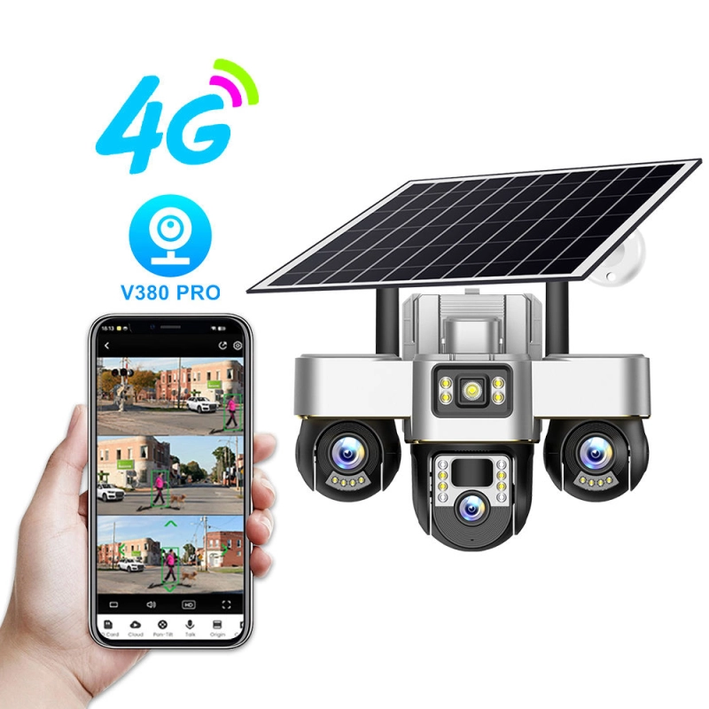 V380pro PTZ Outdoor Three Lens Moving Solar 4G Camera.